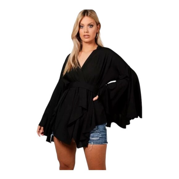 Boohoo Plus Extreme Sleeve Wrap Front Tie Flowy Top Size 12 - Picture 1 of 13